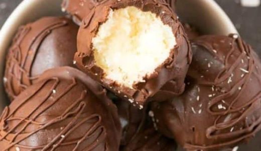 Coconut inside of the ball covered in melted chocolate.