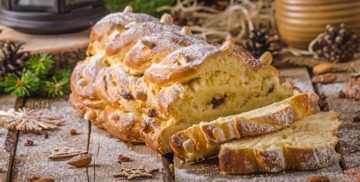 Christmas cake with almonds and raisins.