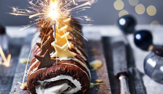 Beautiful festively decorated chocolate roll.