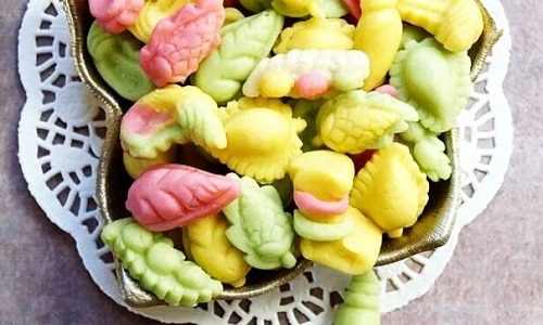Marzipan shells of various shapes and colors.