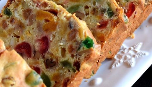 Slices of fruit sandwich with nuts and candied fruit.