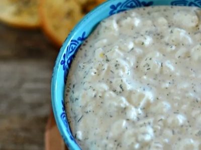 Cheese spread with horseradish in a blue bowl