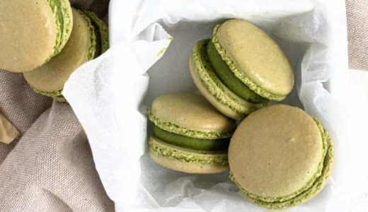 Green tea flavored macaroons filled with white chocolate cream.