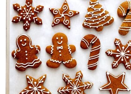 Gingerbread cookies of various shapes decorated with icing.