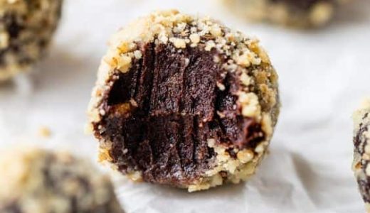 Unbaked balls full of chocolate and nuts on the surface.