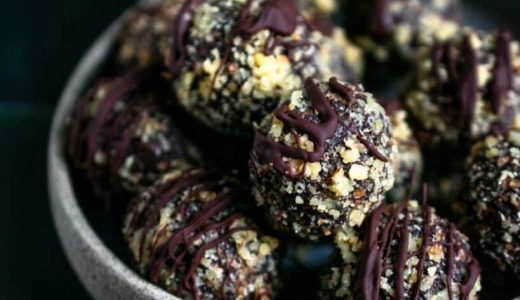 Balls with dates, nuts and chocolate in a bowl.